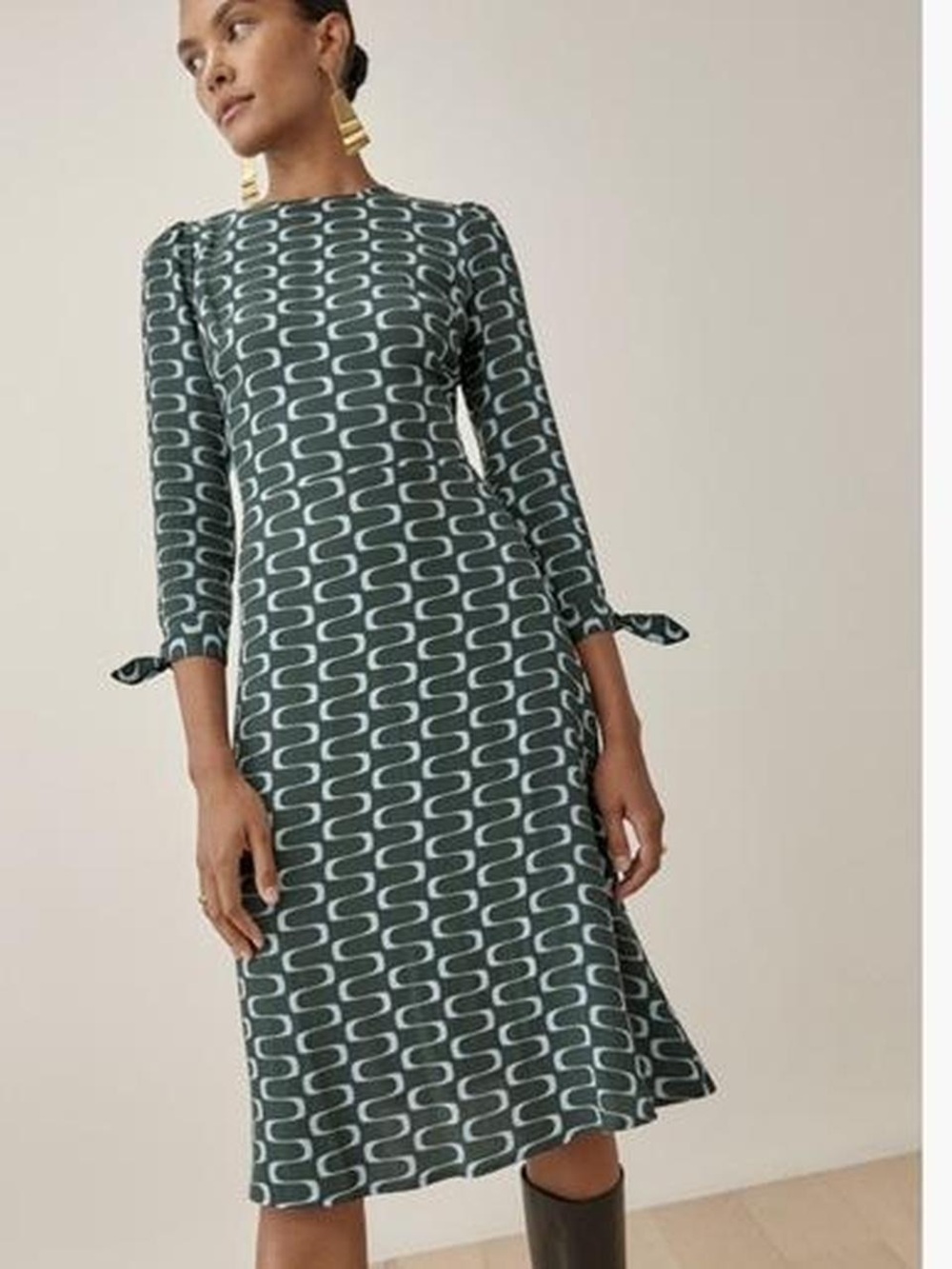 Reformation Port Dress 2 Venture Green Geometric Print Long Sleeve Midi